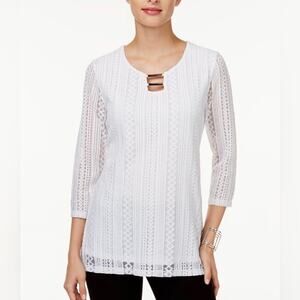 JM Collection Woman Keyhole Lace Tunic White 3/4 Sleeve Chic Office Size 3X